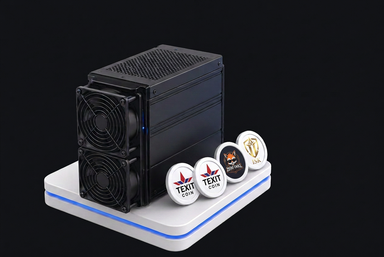 Illustration of an ASIC mining unit with official TEXITcoin, Zero Chill and IskanderCoin logos on the discs