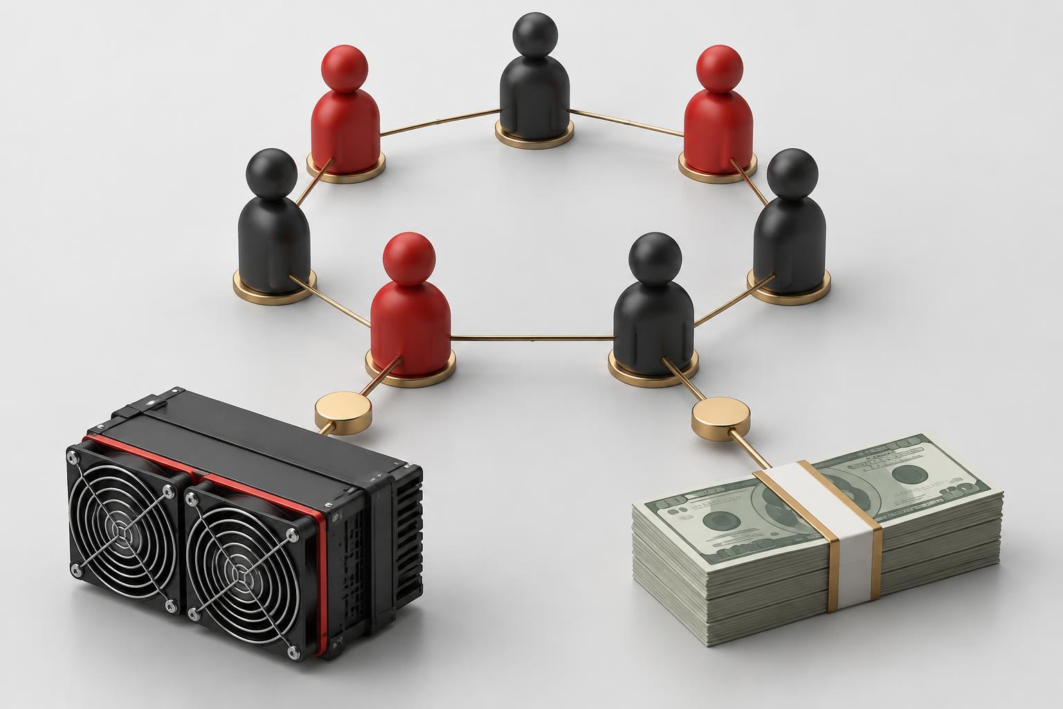 Illustration of a connected community beside mining hardware and banknotes, representing two referral reward choices